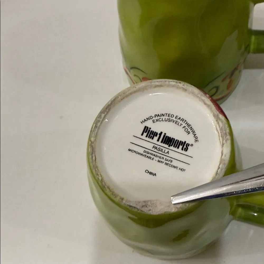 Pier 1 Pasilla Mug Set 4 Green Yellow Pepper Theme 3 1/2 In Round 4 1/4 In Tall